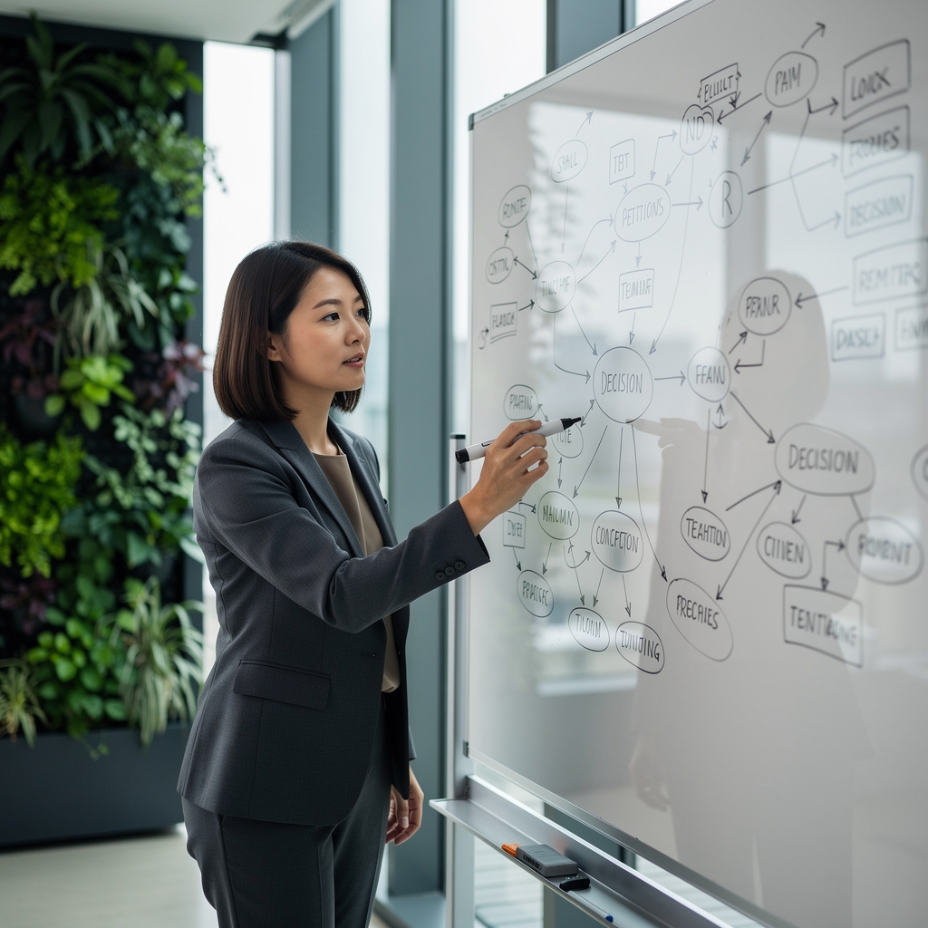Person analysiert kognitive Muster an einem Whiteboard
